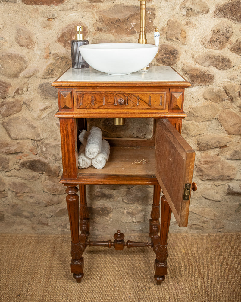 Meuble vasque - lave main ancien en bois et marbre