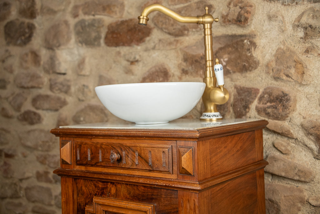 Meuble vasque - lave main ancien en bois et marbre