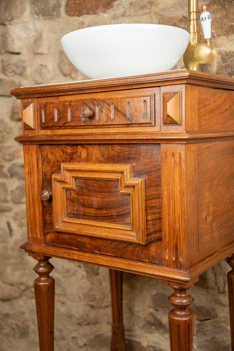 Meuble vasque - lave main ancien en bois et marbre