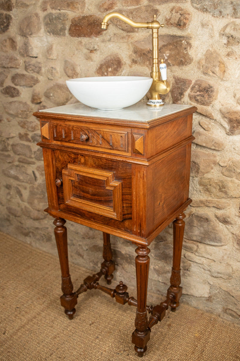 Meuble vasque - lave main ancien en bois et marbre
