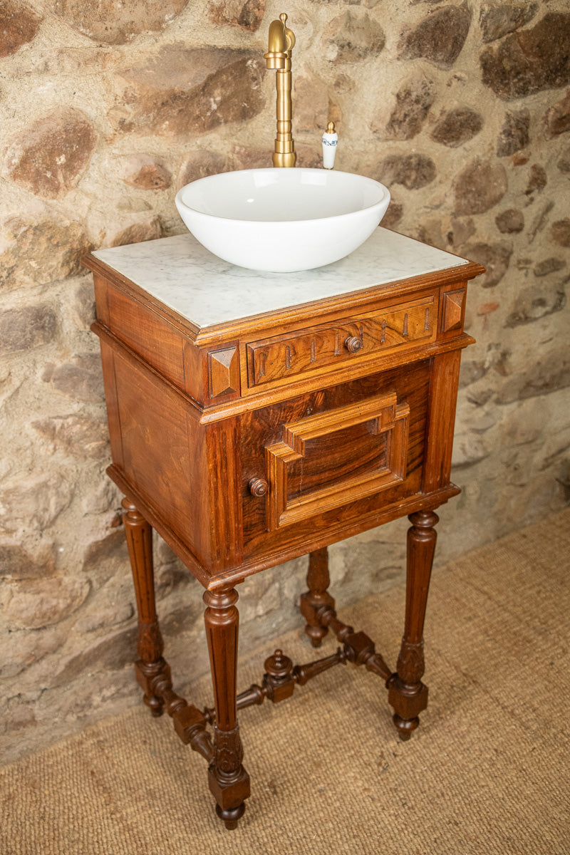 Meuble vasque - lave main ancien en bois et marbre
