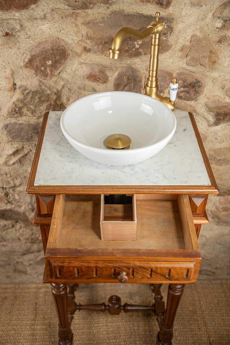 Meuble vasque - lave main ancien en bois et marbre