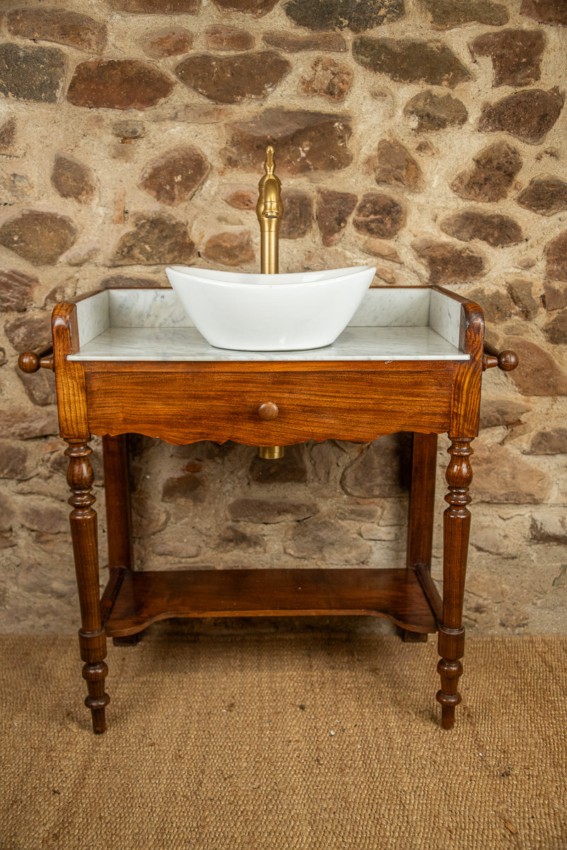 Meuble vasque marbre et bois d'époque Louis-Philippe avec miroir