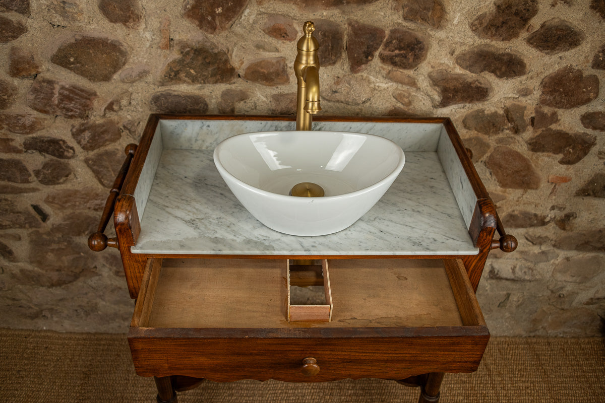 Meuble vasque marbre et bois d'époque Louis-Philippe avec miroir