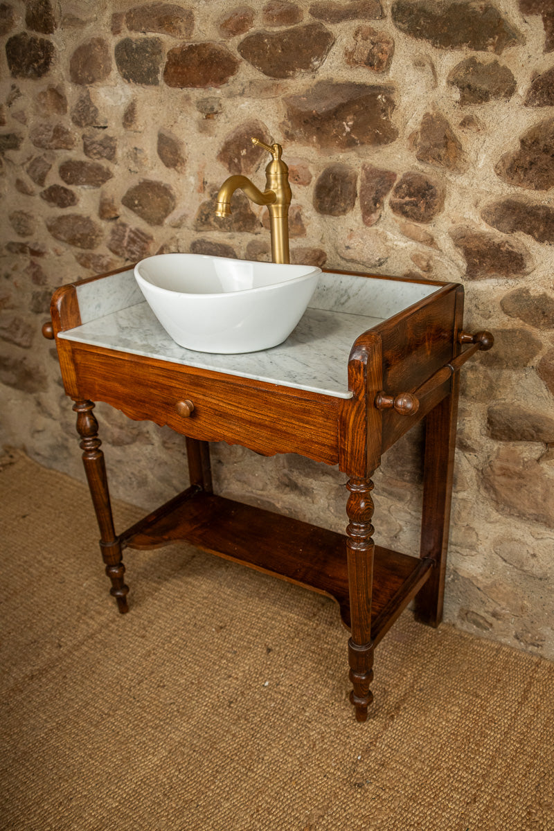 Meuble vasque marbre et bois d'époque Louis-Philippe avec miroir