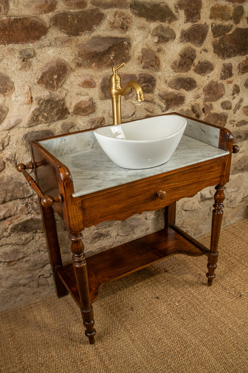 Meuble vasque marbre et bois d'époque Louis-Philippe avec miroir