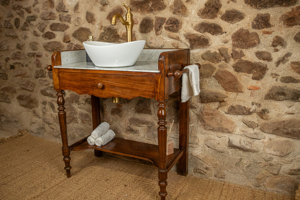 Meuble vasque marbre et bois d'époque Louis-Philippe avec miroir