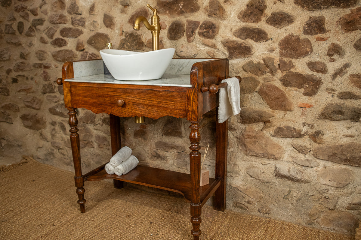 Meuble vasque marbre et bois d'époque Louis-Philippe avec miroir