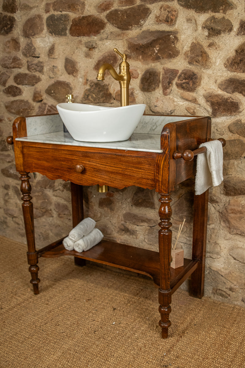 Meuble vasque marbre et bois d'époque Louis-Philippe avec miroir