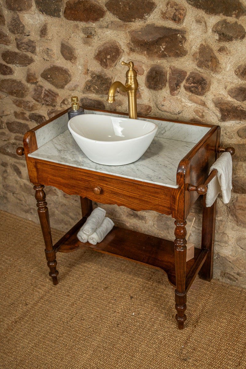 Meuble vasque marbre et bois d'époque Louis-Philippe avec miroir