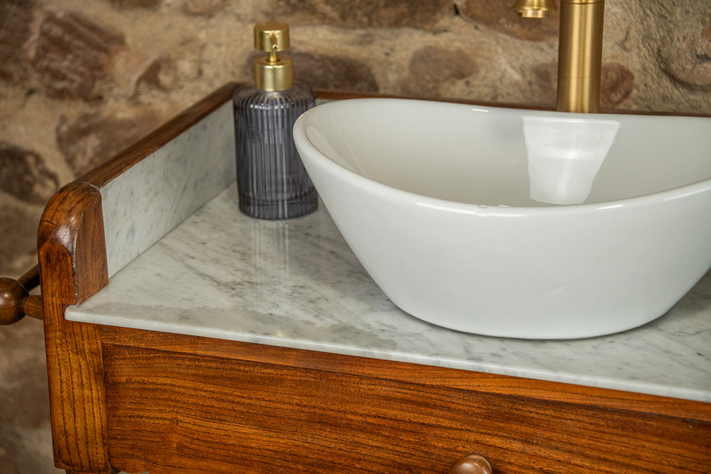 Meuble vasque marbre et bois d'époque Louis-Philippe avec miroir