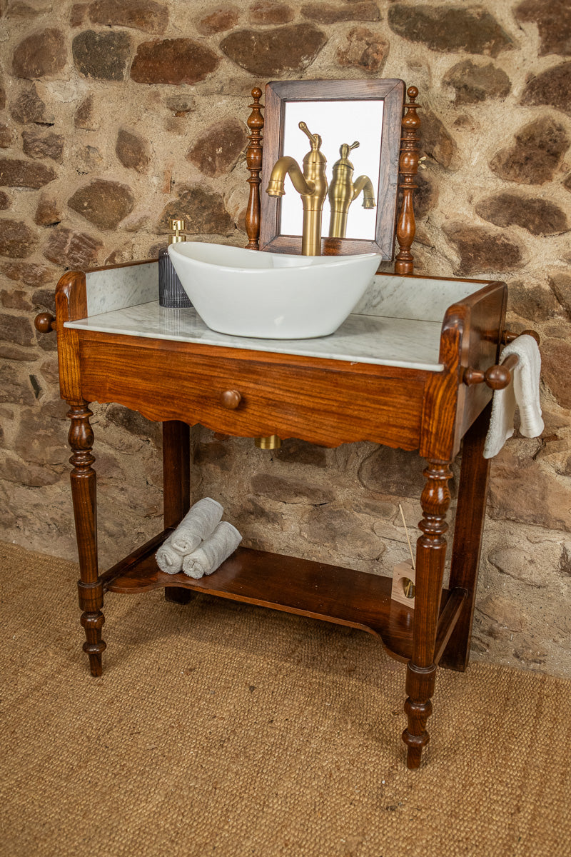 Meuble vasque marbre et bois d'époque Louis-Philippe avec miroir