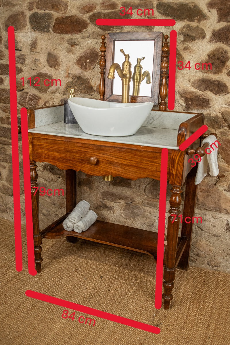Meuble vasque marbre et bois d'époque Louis-Philippe avec miroir