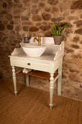 Meuble vasque ancien de salle de bain en bois et marbre