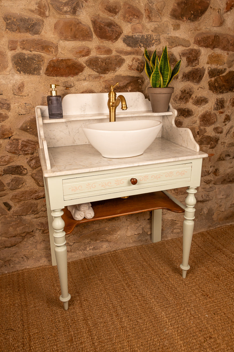 Meuble vasque ancien de salle de bain en bois et marbre