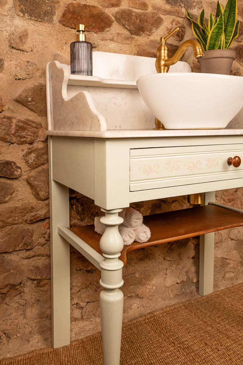Meuble vasque ancien de salle de bain en bois et marbre