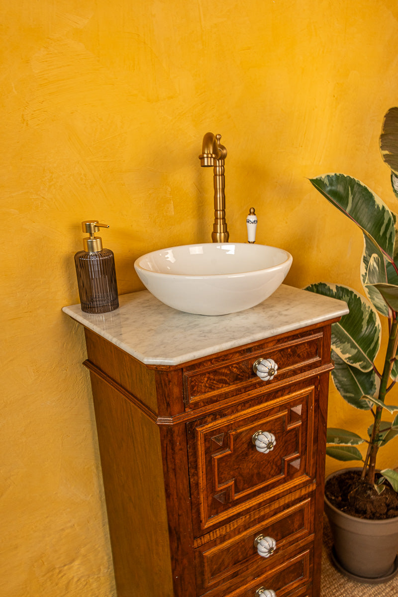 Meuble vasque ancien de salle de bain en bois et marbre
