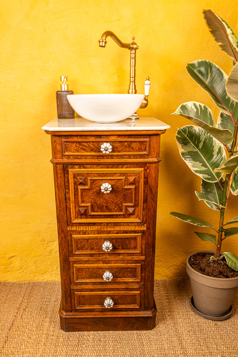 Meuble vasque ancien de salle de bain en bois et marbre