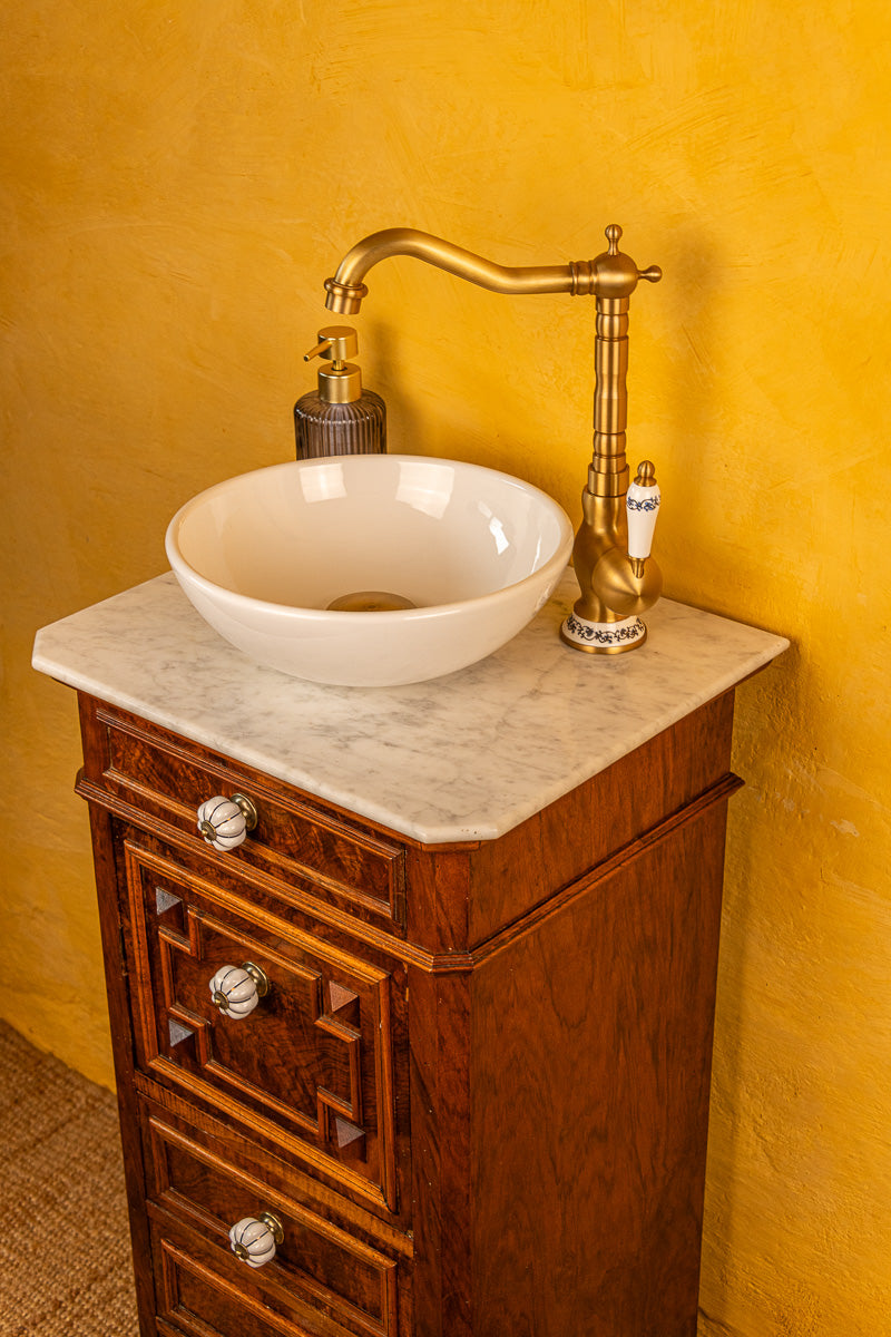 Meuble vasque ancien de salle de bain en bois et marbre