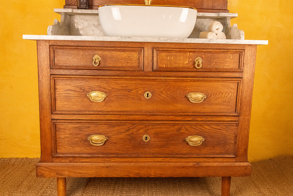 Meuble vasque avec miroir éclairant en bois et marbre