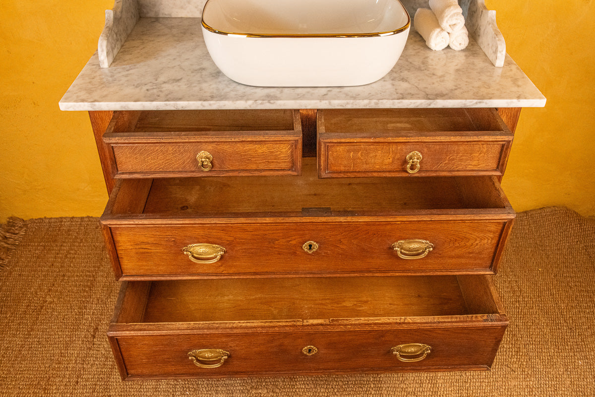 Meuble vasque avec miroir éclairant en bois et marbre