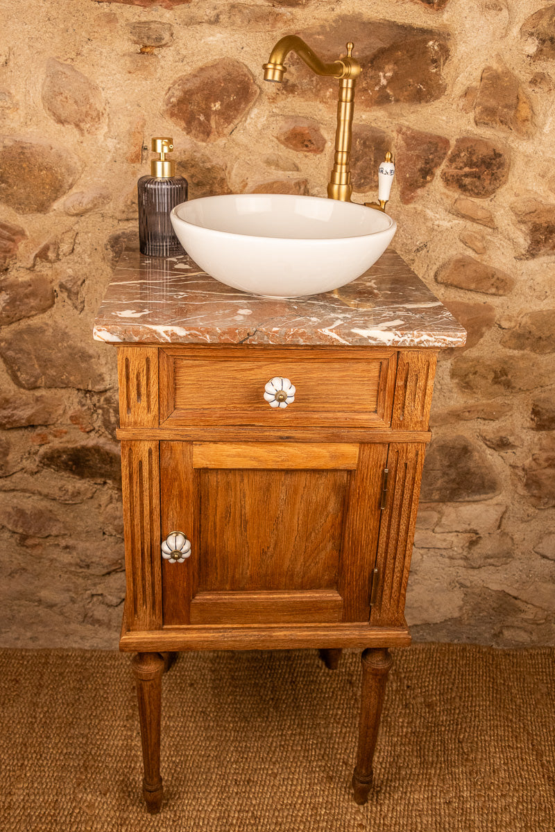Meuble vasque ancien en bois et marbre
