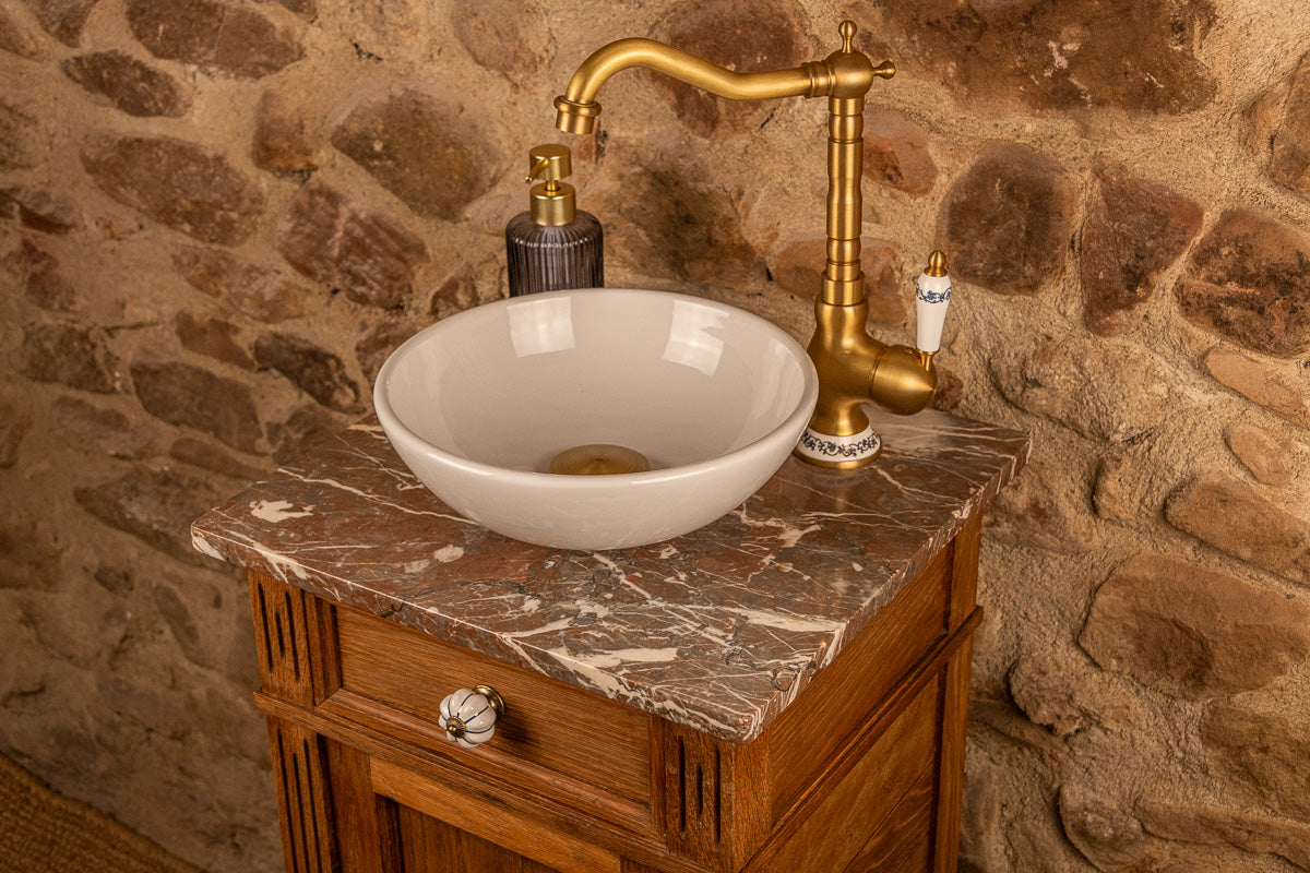 Meuble vasque ancien en bois et marbre