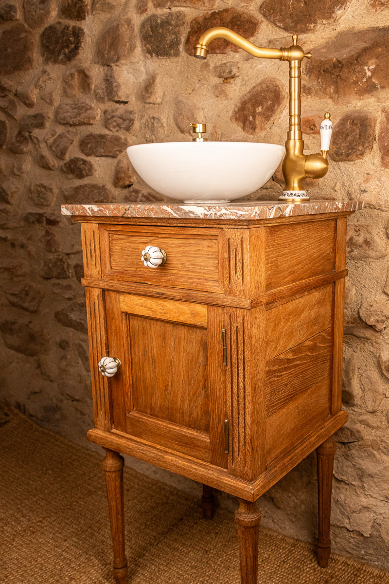 Meuble vasque ancien en bois et marbre