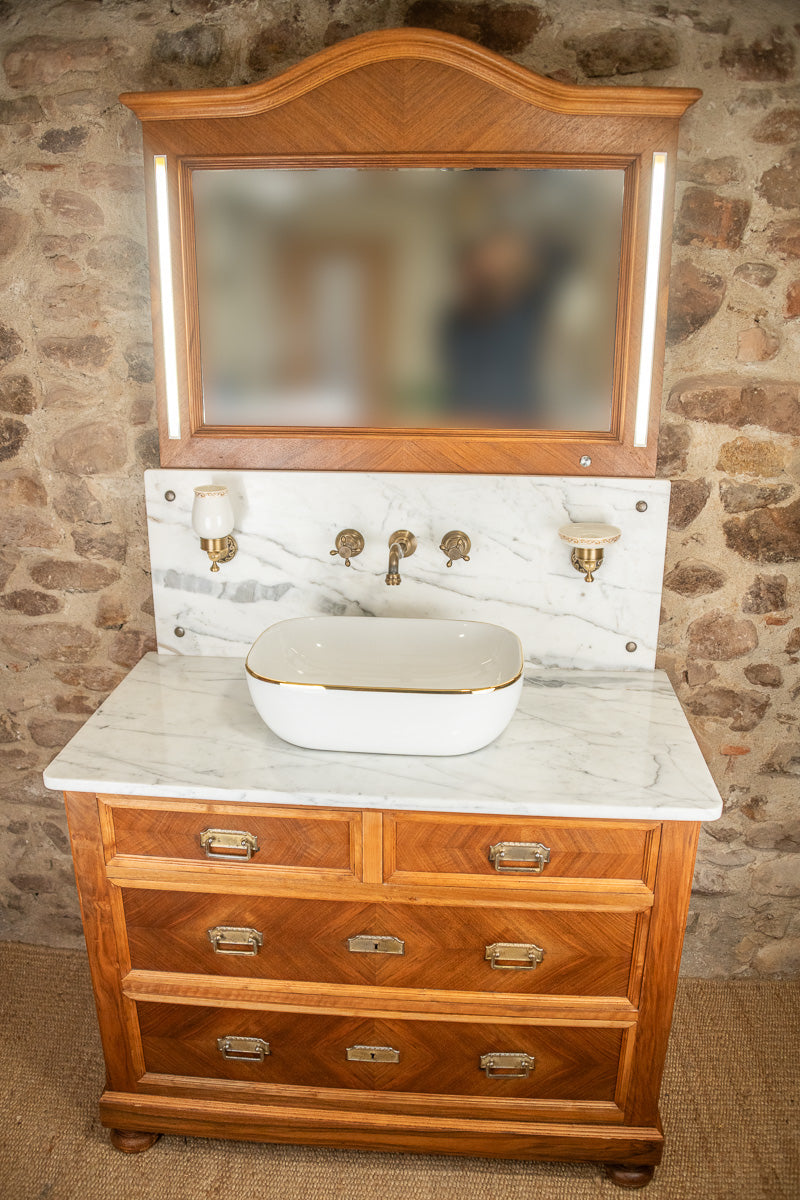 Meuble sous vasque ancien de 1928 en bois et marbre avec miroir éclairant