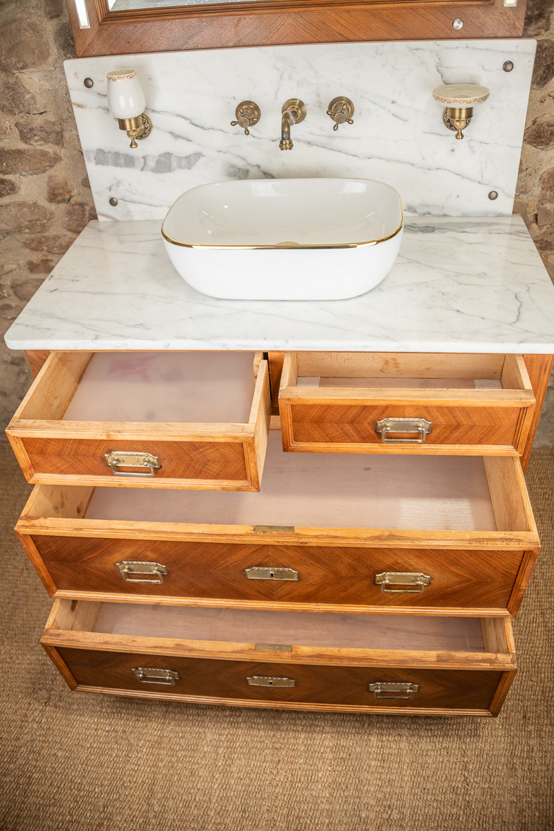 Meuble sous vasque ancien de 1928 en bois et marbre avec miroir éclairant