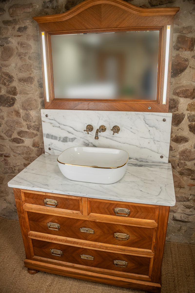 Meuble sous vasque ancien de 1928 en bois et marbre avec miroir éclairant