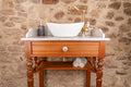 Meuble vasque ancien en pitchpin massif & plateau en marbre blanc