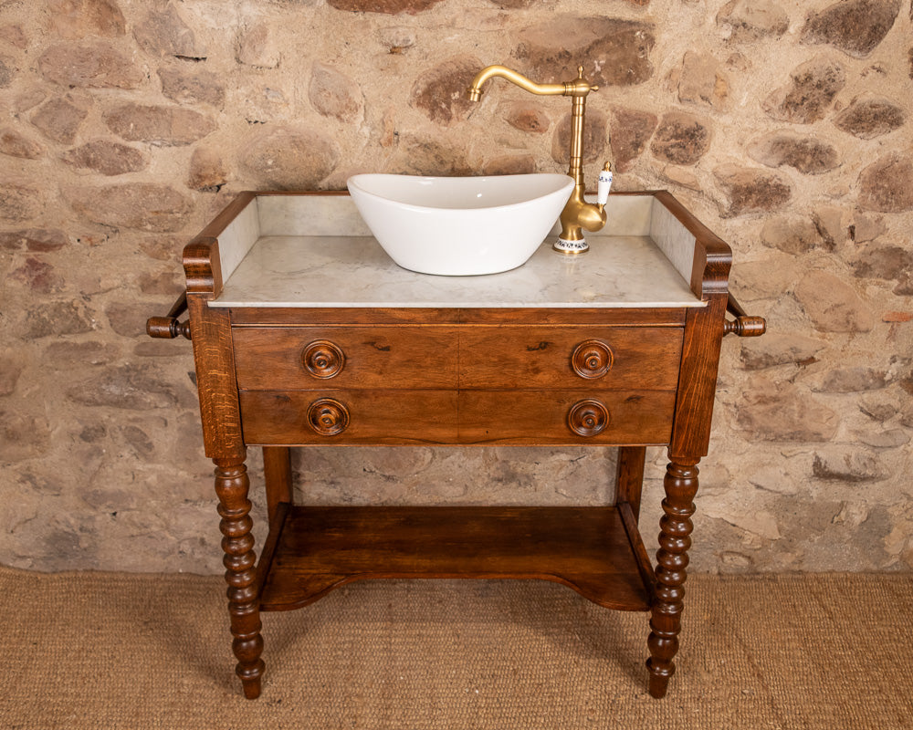 Meuble vasque marbre et bois de style Louis-Philippe à double tiroir