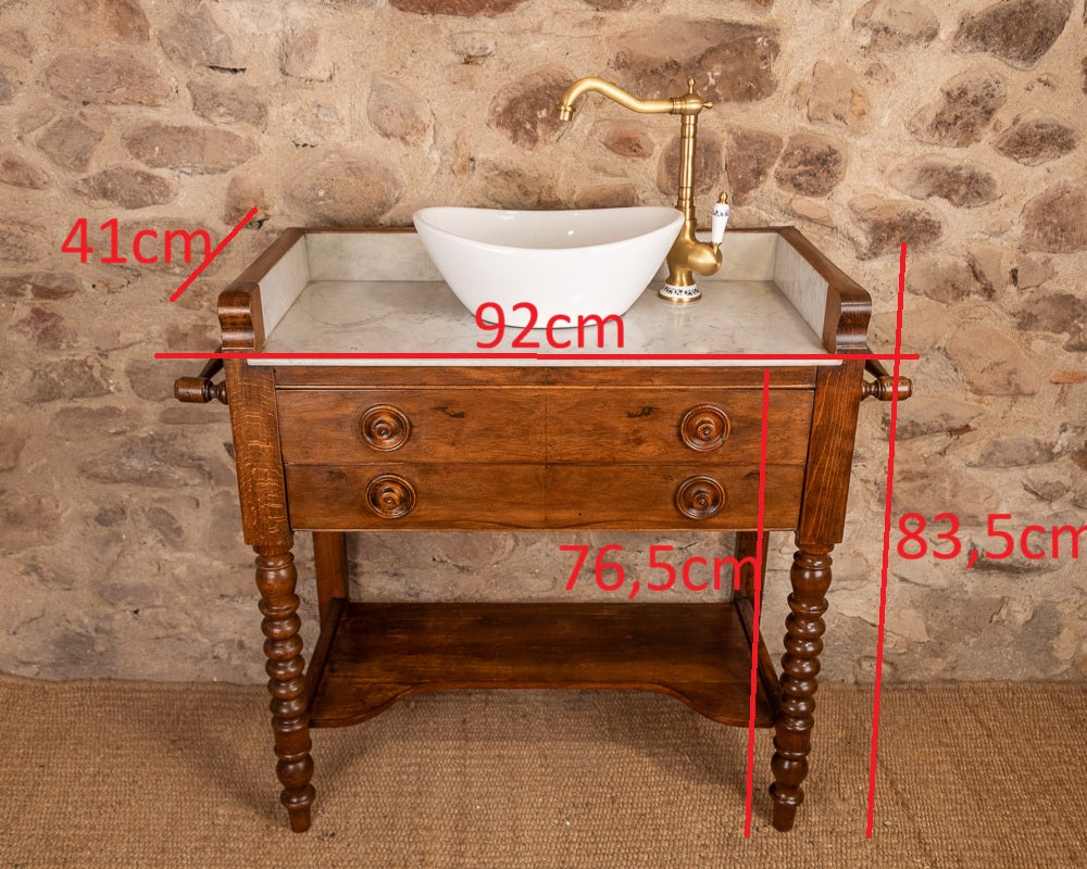 Meuble vasque marbre et bois de style Louis-Philippe à double tiroir