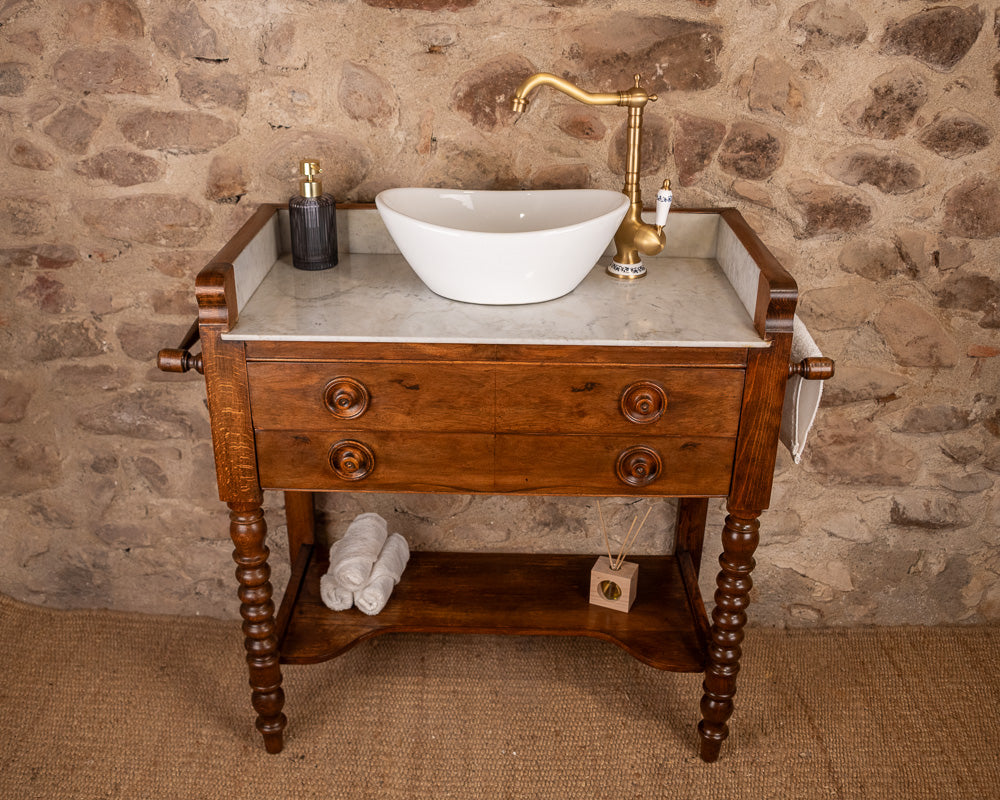 Meuble vasque marbre et bois de style Louis-Philippe à double tiroir