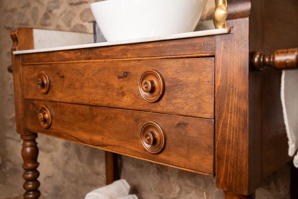Meuble vasque marbre et bois de style Louis-Philippe à double tiroir
