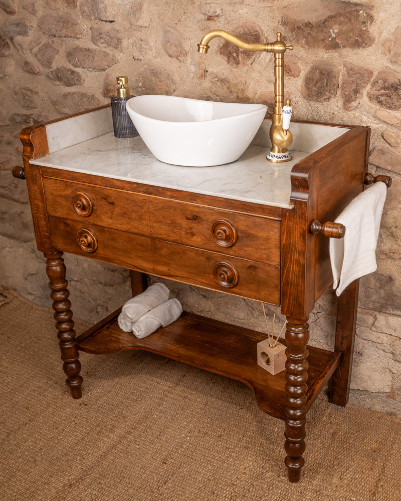 Meuble vasque marbre et bois de style Louis-Philippe à double tiroir