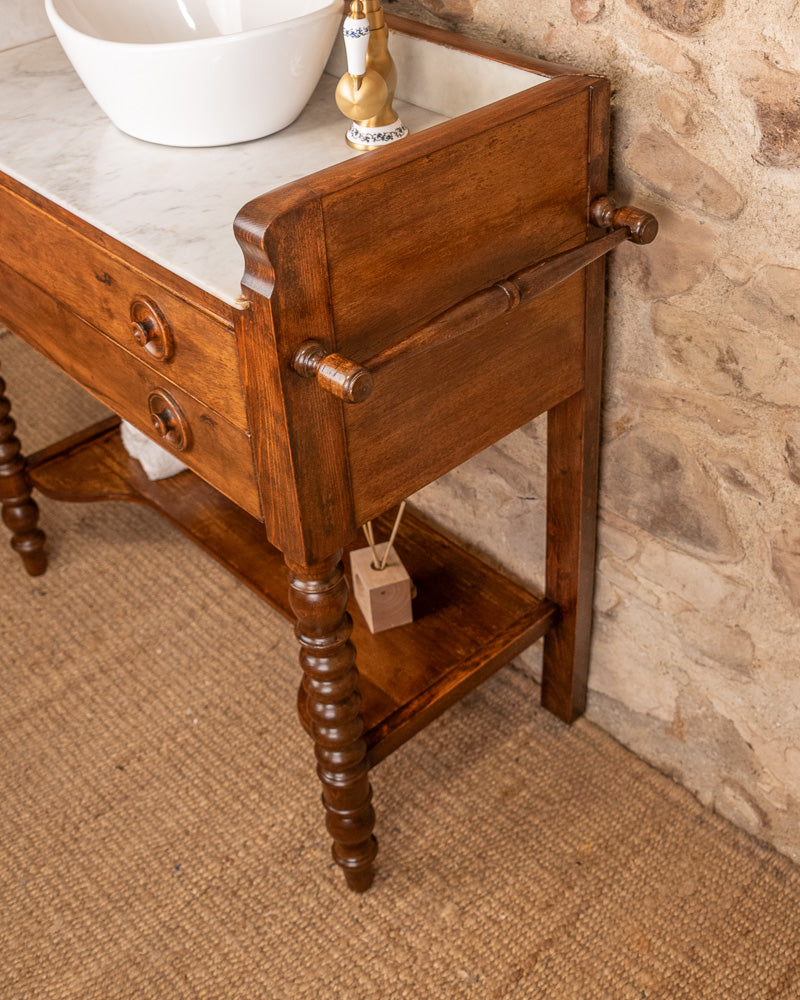Meuble vasque marbre et bois de style Louis-Philippe à double tiroir