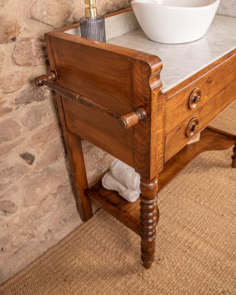 Meuble vasque marbre et bois de style Louis-Philippe à double tiroir