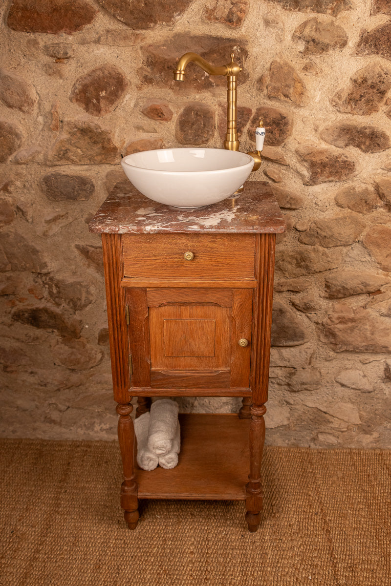 Meuble de toilette ancien en bois et marbre, lave-main ou meuble vasque