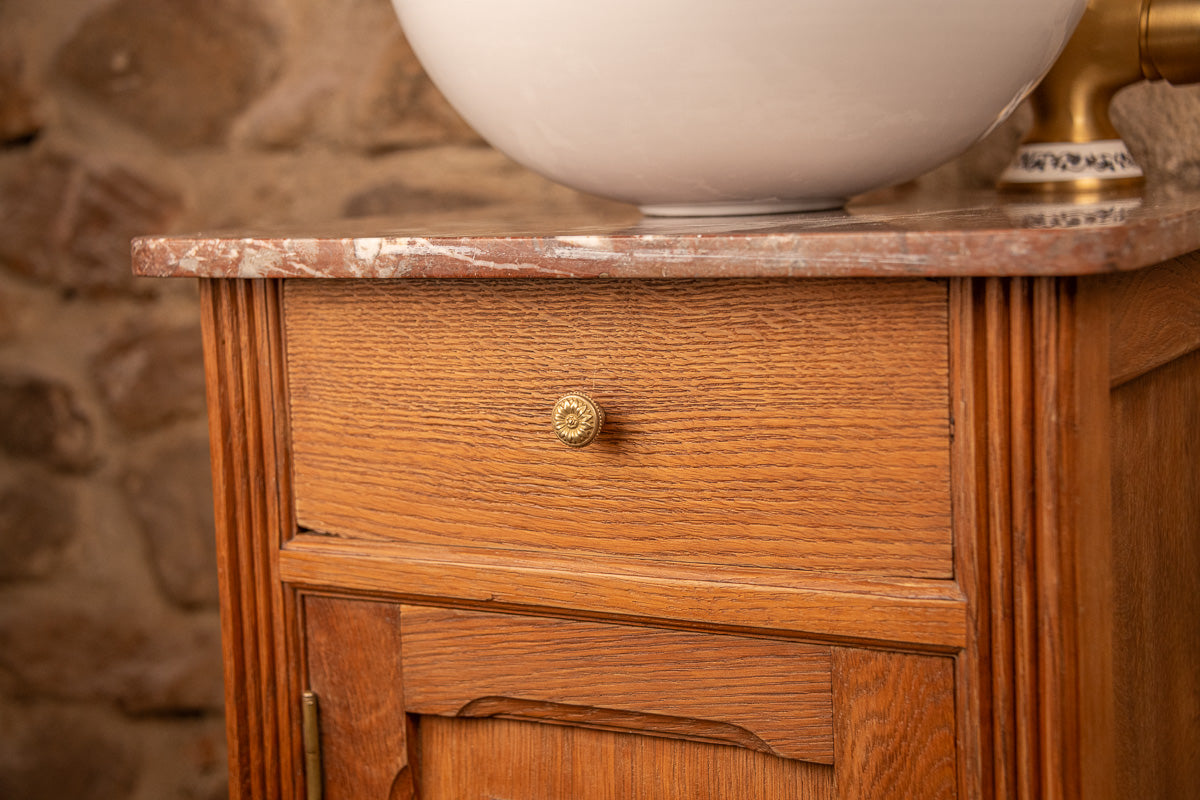 Meuble de toilette ancien en bois et marbre, lave-main ou meuble vasque