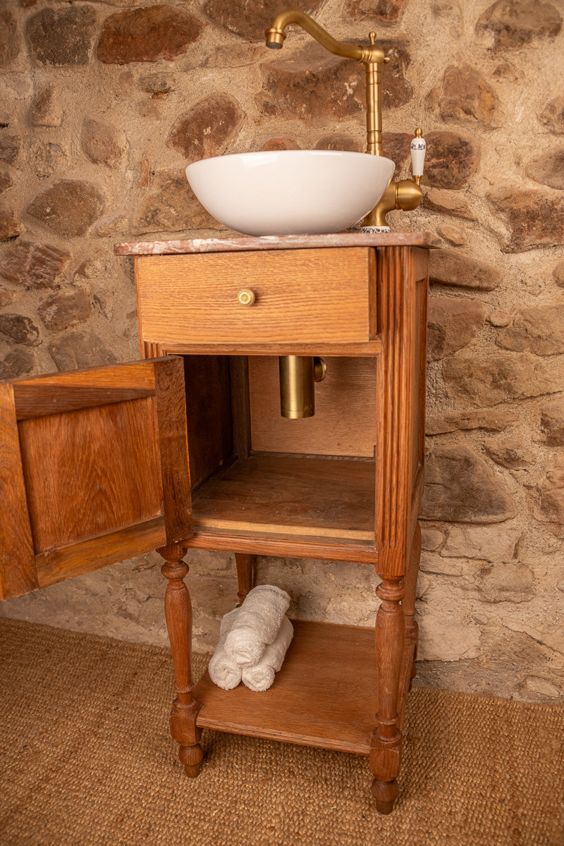 Meuble de toilette ancien en bois et marbre, lave-main ou meuble vasque