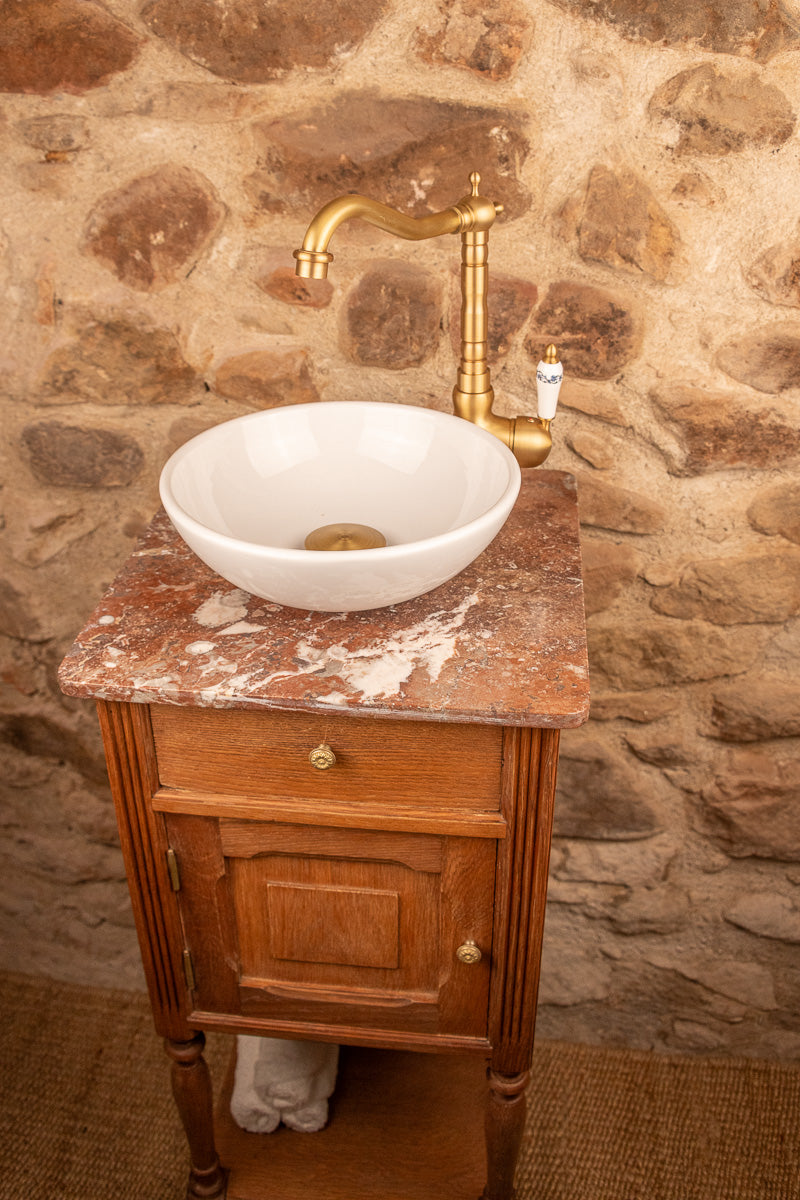 Meuble de toilette ancien en bois et marbre, lave-main ou meuble vasque
