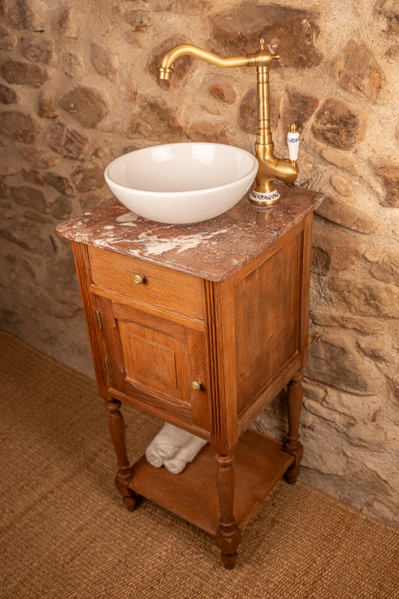 Meuble de toilette ancien en bois et marbre, lave-main ou meuble vasque