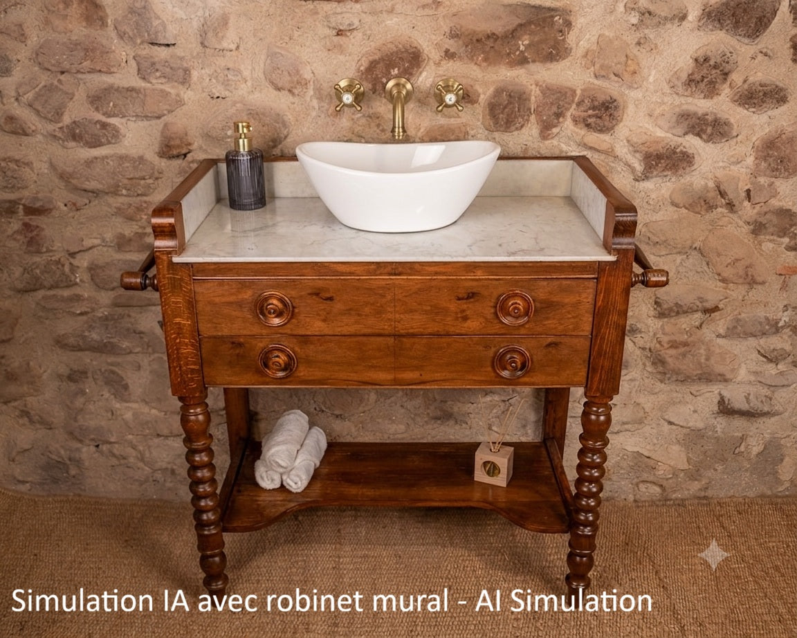 Meuble vasque marbre et bois de style Louis-Philippe à double tiroir
