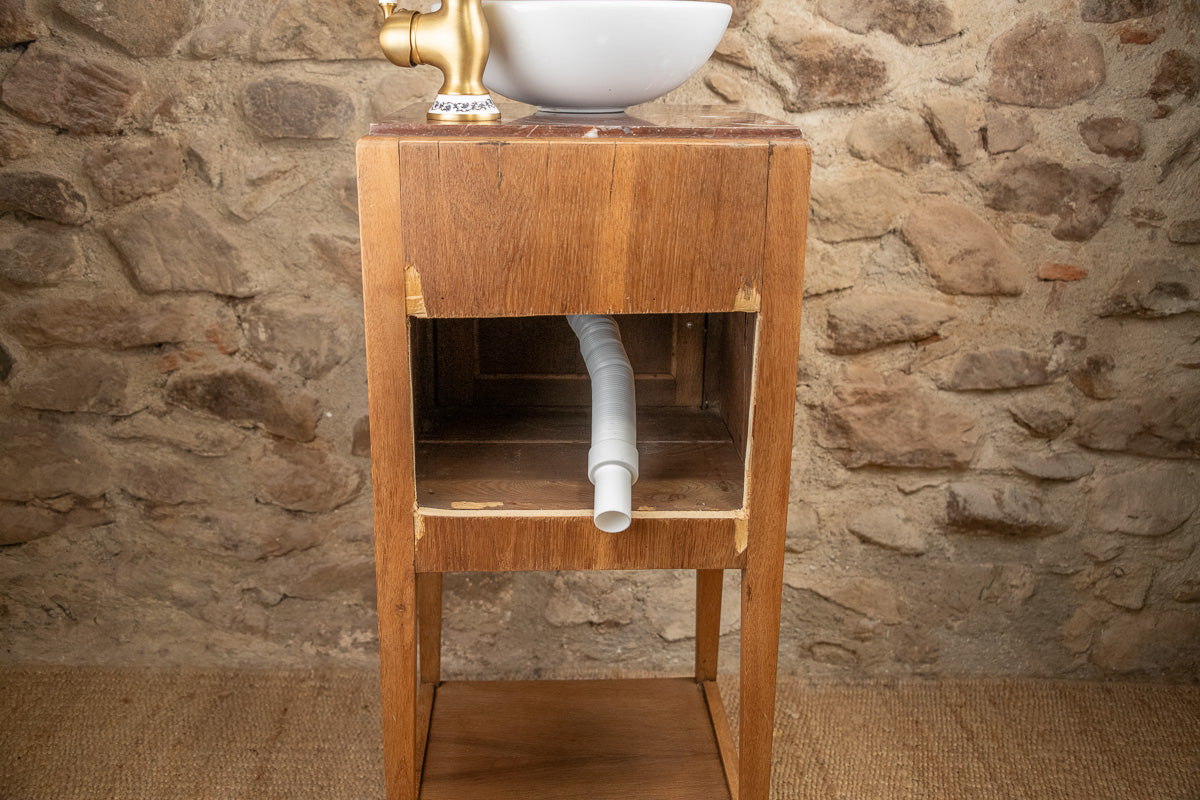 Meuble vasque ancien en bois et marbre rouge (Style Art Déco)