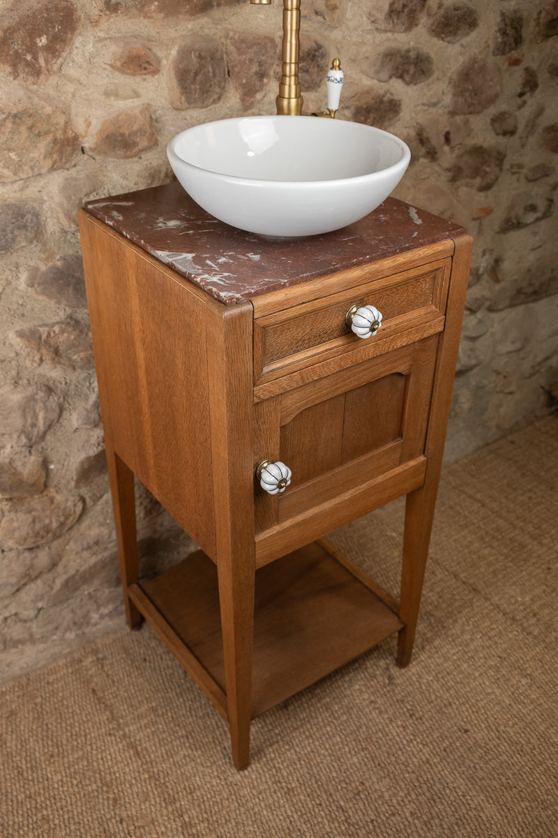 Meuble vasque ancien en bois et marbre rouge (Style Art Déco)