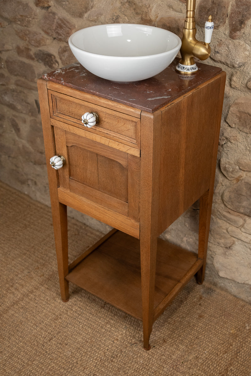 Meuble vasque ancien en bois et marbre rouge (Style Art Déco)