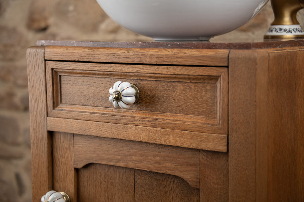 Meuble vasque ancien en bois et marbre rouge (Style Art Déco)