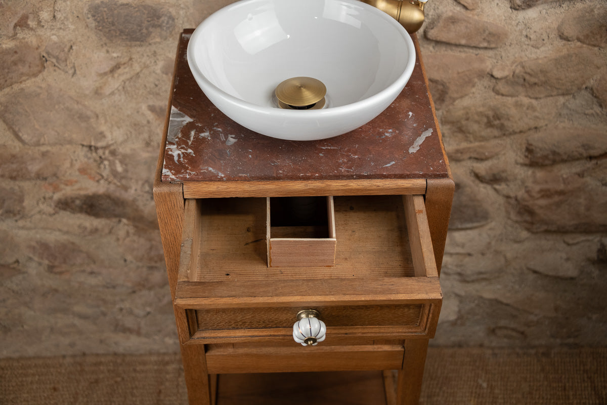 Meuble vasque ancien en bois et marbre rouge (Style Art Déco)